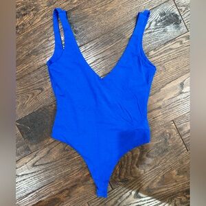 Superdown Megan Bodysuit Blue Strappy Back V Neck NEW Revolve